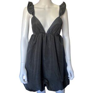 Wild Fable Black Satin Babydoll Mini Dress Adjustable Straps & Ruffle Sz Small